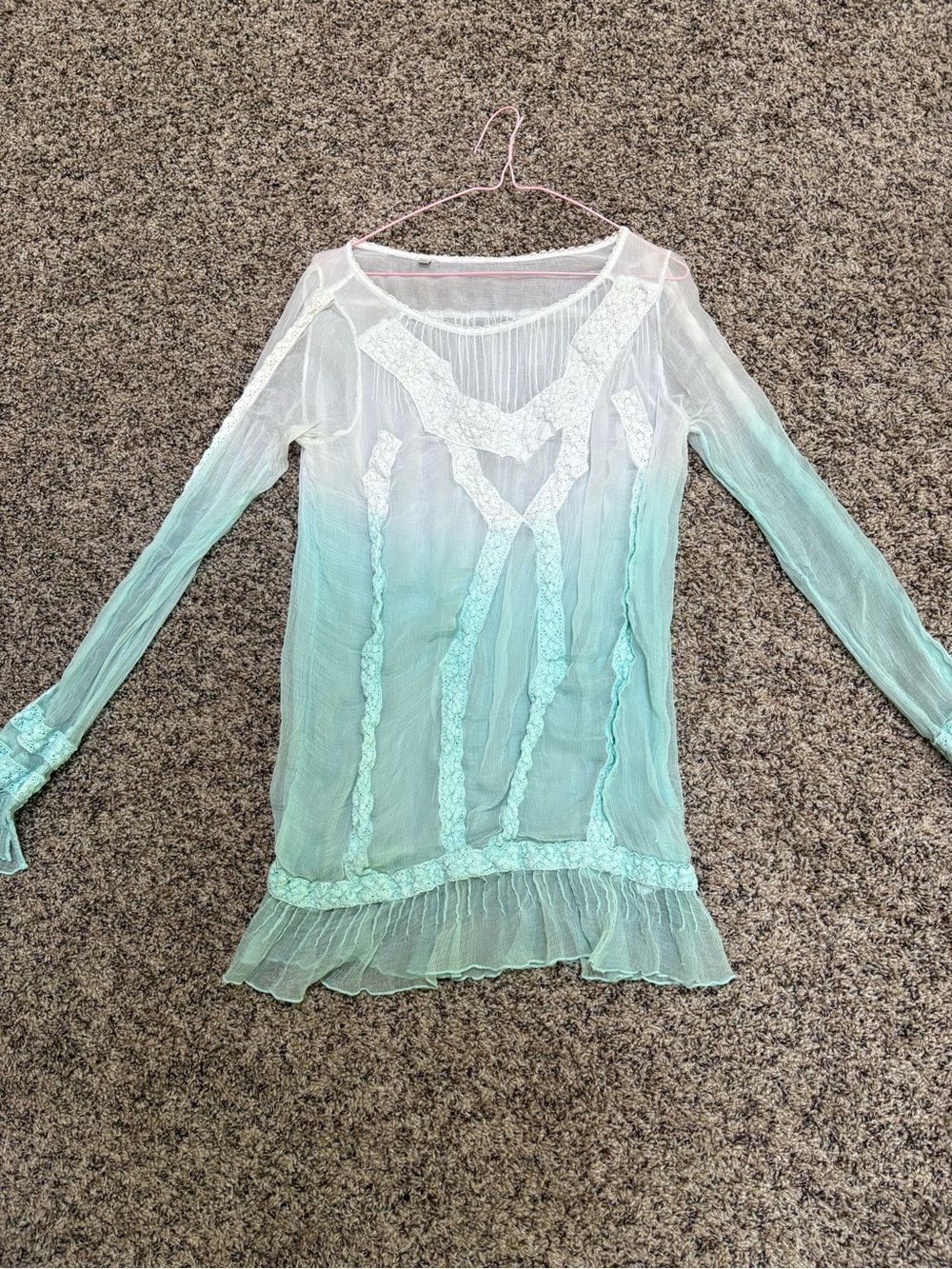 Sheer Lace-Trim Mint Blouse with Ruffle Hem